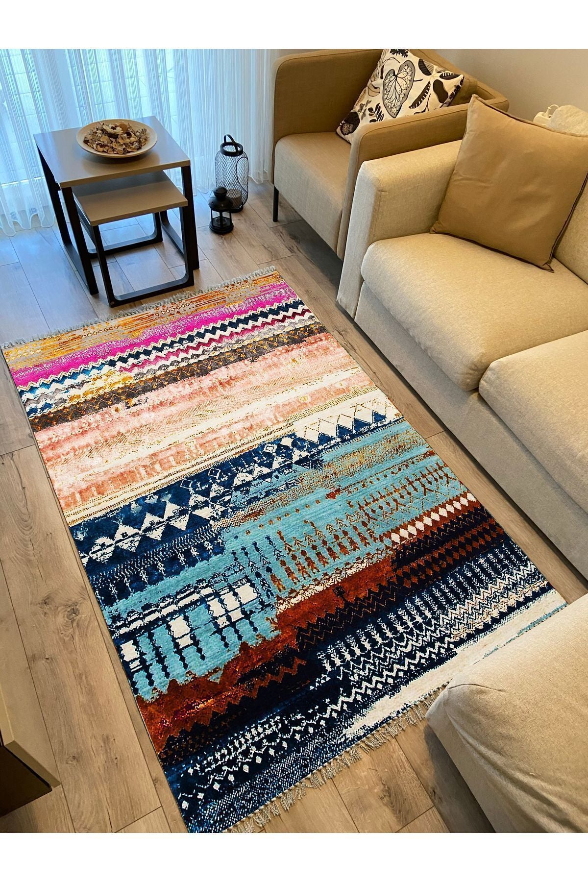 Cotton Kilim 70 Multu Iskandinav Motifler Modern Dekoratif Saçaklı Yıkanabilen Dokuma Kilim