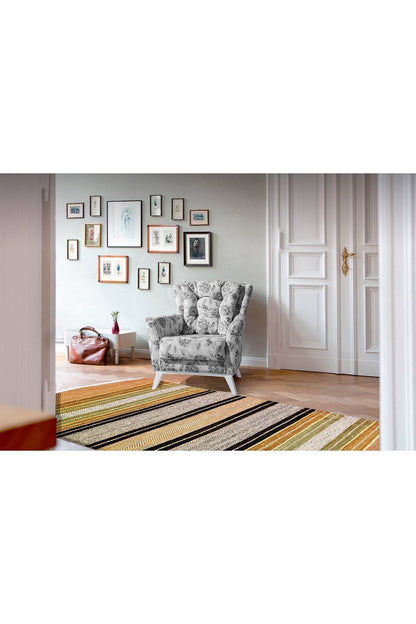 Cotton Serisi Hasır Görünümlü Yeşil Ve Hardal Tonlarında Etnik Desenli Dekoratif Dokuma Taban Kilim