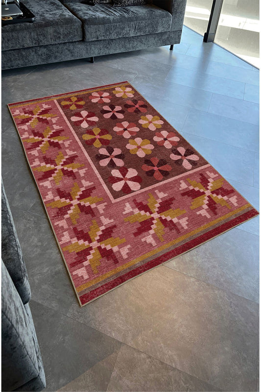 Halı Vagonu 108 Pastel Gül Kurusu Pembe Çiçekli Floral Dokuma Taban Salon Mutfak Halısı