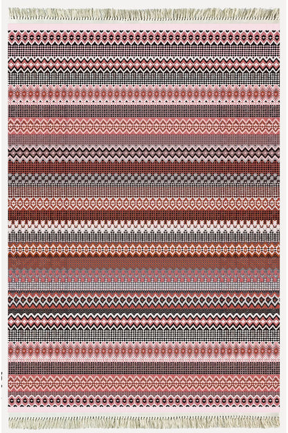 Cotton Kilim 22 Fuşya Zeminli Çizgili Desenli Dekoratif Yıkanabilen Dokuma Taban Kilim