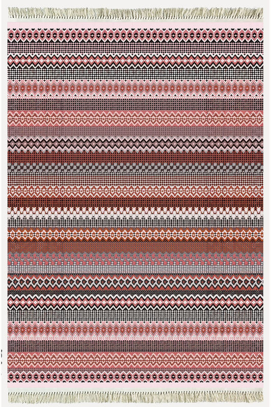 Cotton Kilim 22 Fuşya Zeminli Çizgili Desenli Dekoratif Yıkanabilen Dokuma Taban Kilim