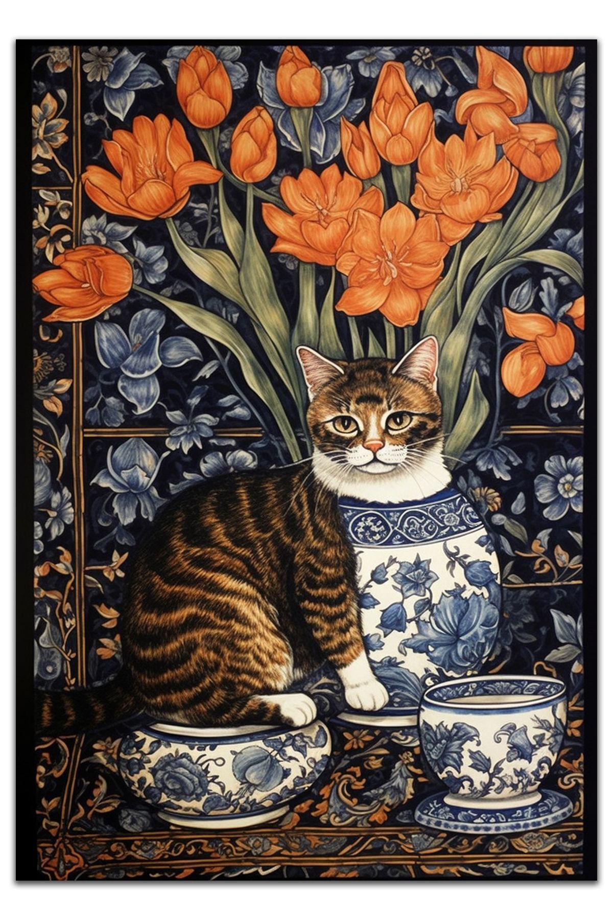 Halı Vagonu 160 Kedi ve Blue Blanc Tema Etnik Deseni Dokuma Taban Halı