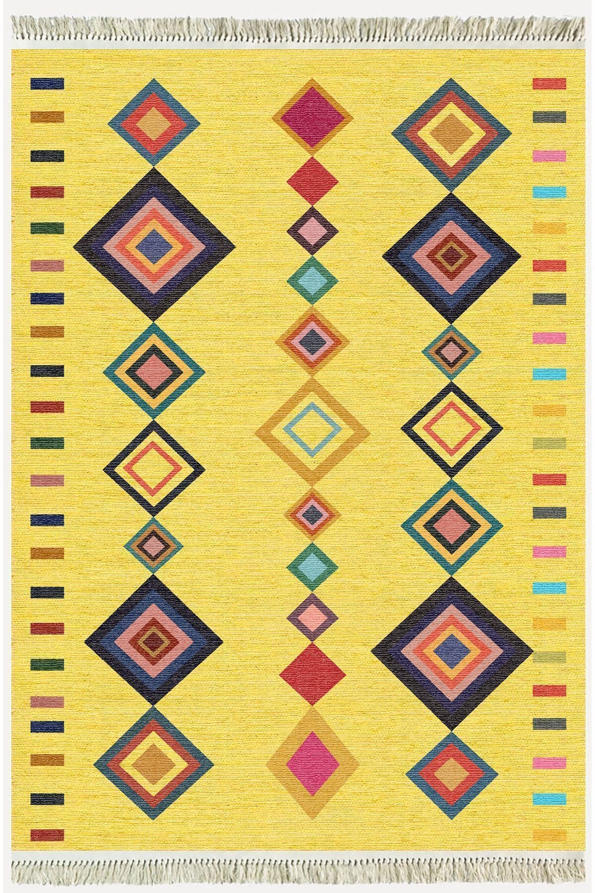 Cotton Serisi Sarı Tonunda Bordürlü Desen Dekoratif Dokuma Taban Kilim