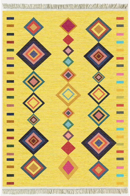 Cotton Serisi Sarı Tonunda Bordürlü Desen Dekoratif Dokuma Taban Kilim