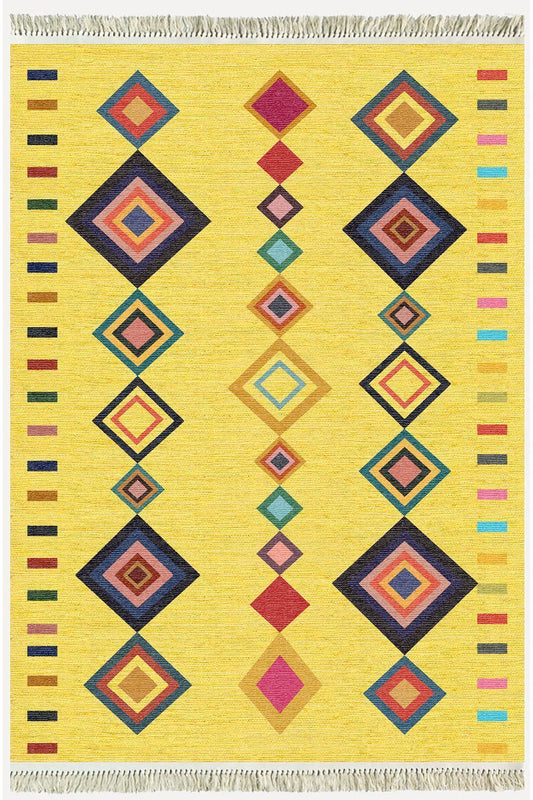 Cotton Serisi Sarı Tonunda Bordürlü Desen Dekoratif Dokuma Taban Kilim