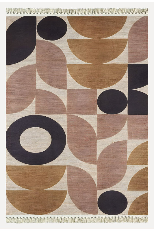 Cotton 68 Pudra Camel Ve Siyah Pastel Geometrik Desenli Dokuma Kilim