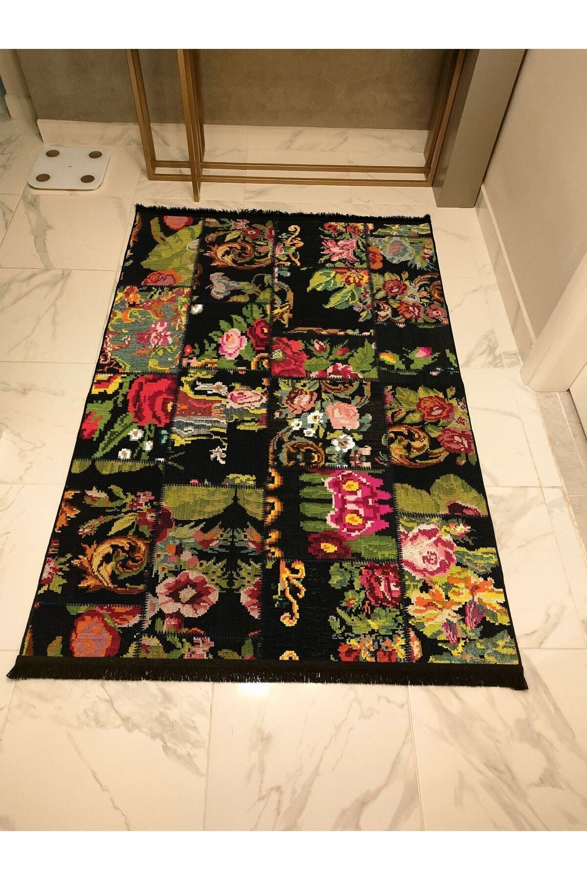 Halı Vagonu Serisi Otantik Çiçekli Patchwork Desen Kaymaz Taban Şönil Halı