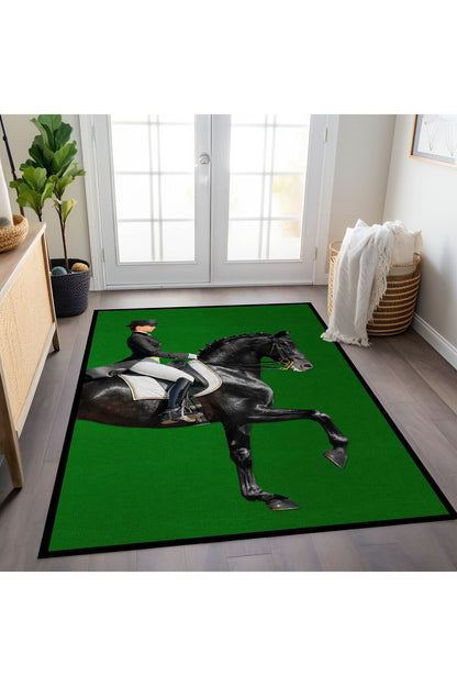 Halı Vagonu 187 Binicilik ve At Figürlü Yeşil Modern Dokuma Taban Halı