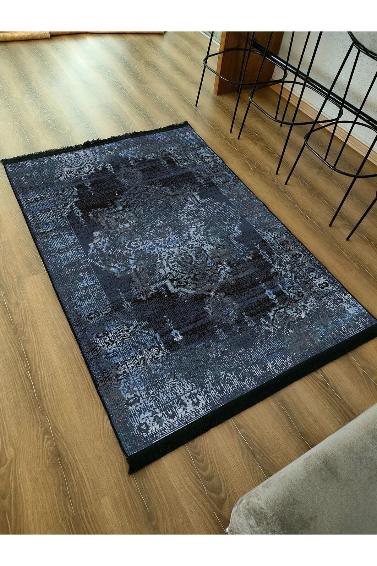 Halı Vagonu Serisi Lacivert Eskitme Antika Desen Kaymaz Taban Şönil Halı