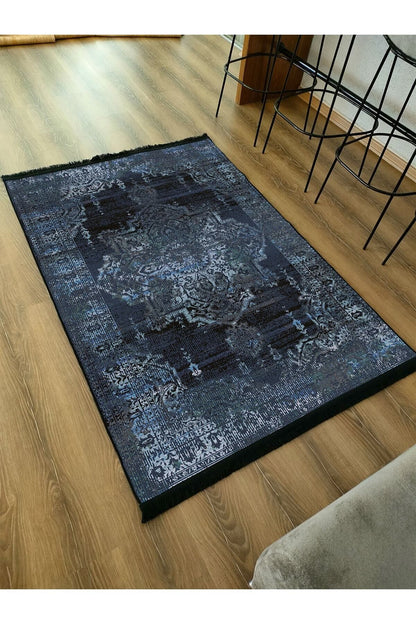 Halı Vagonu Serisi Lacivert Eskitme Antika Desen Kaymaz Taban Şönil Halı