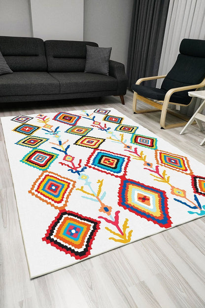 Halı Vagonu 1014 Kren Zemin Üzerine Multy Tonlarında Baklava Motifli Dekoratif Kaymaz Taban Halı