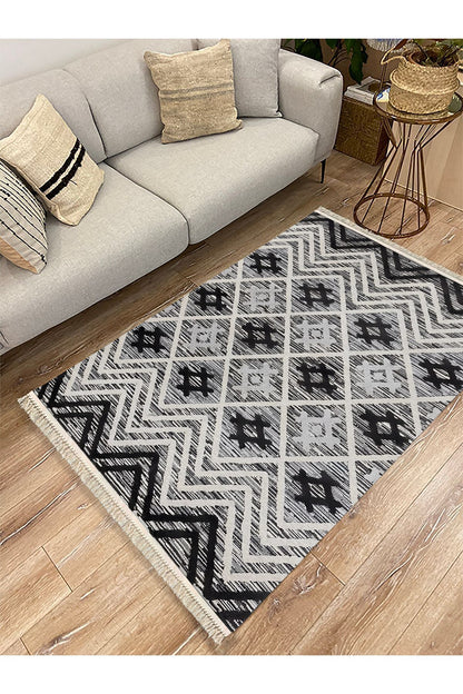 Cotton Kilim 15 Gri Zeminli Çizgili Desenli Dekoratif Yıkanabilen Dokuma Taban Kilim