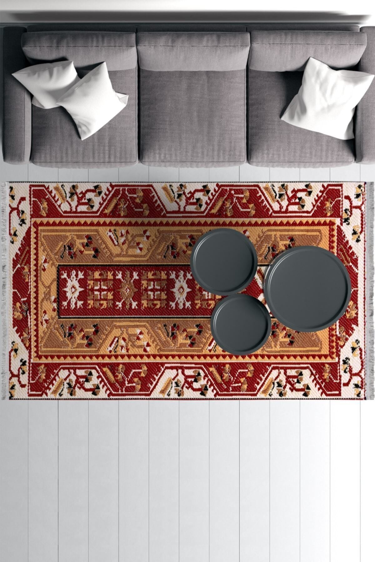 Halı Vagonu Serisi Çiçekli Kırmızı Tonlarda Bordürlü Desen Kaymaz Taban Şönil Halı