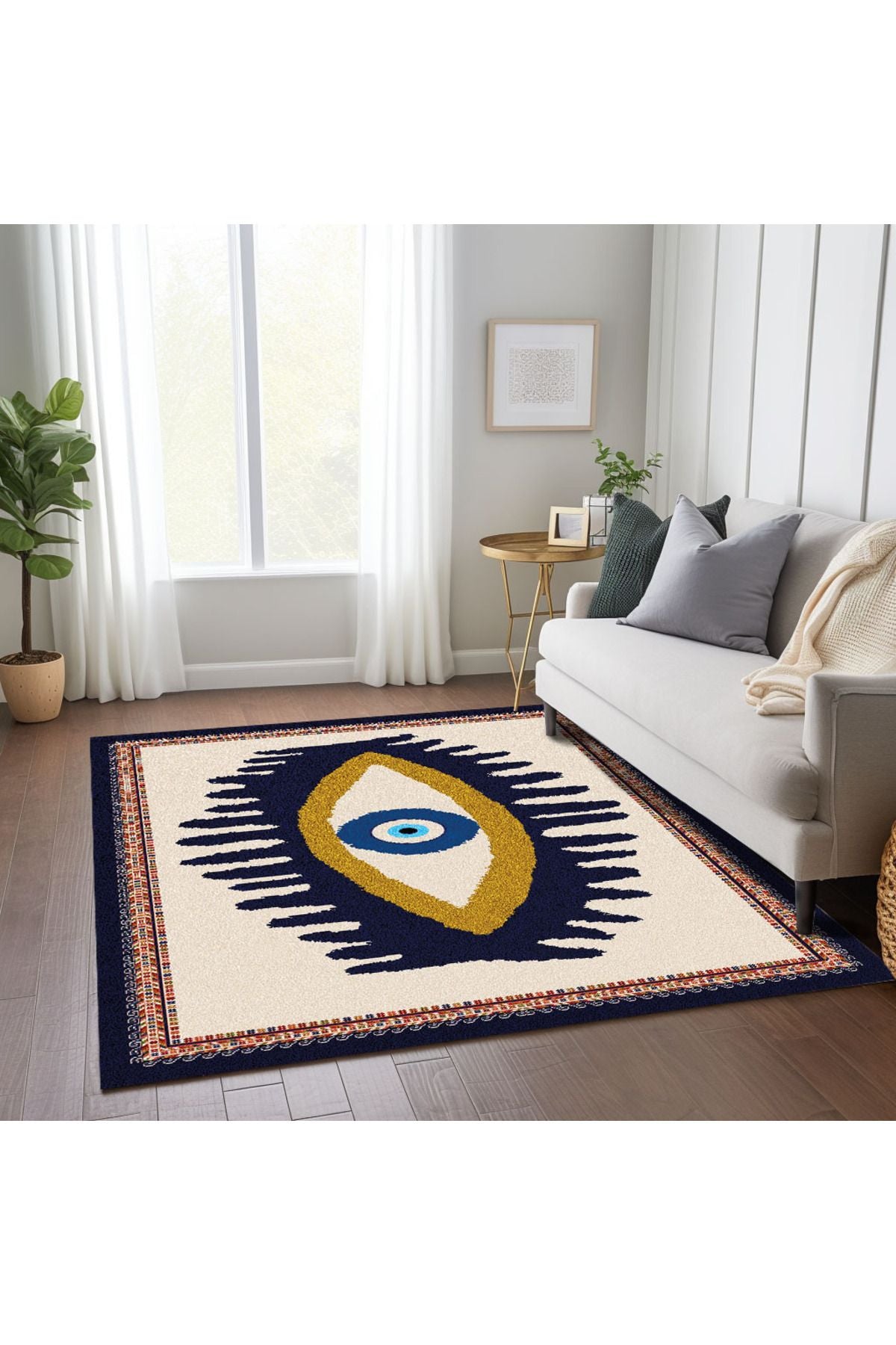 Göz Temalı Mavi Pastel Tonlarında Nazar Boncuğu Dokuma Taban Salon Halısı Çocuk Halısı  HV  252