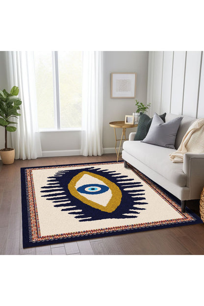 Göz Temalı Mavi Pastel Tonlarında Nazar Boncuğu Dokuma Taban Salon Halısı Çocuk Halısı  HV  252