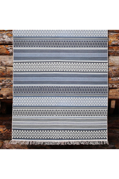Cotton Kilim 9 Mavi Tonunda Geometrik Desenli Dekoratif Yıkanabilen Dokuma Taban Kilim