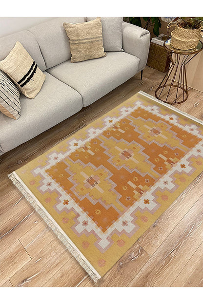 Cotton Kilim59 Jut Geleneksel Motifler Modern Dekoratif Saçaklı Yıkanabilen Dokuma Kilim