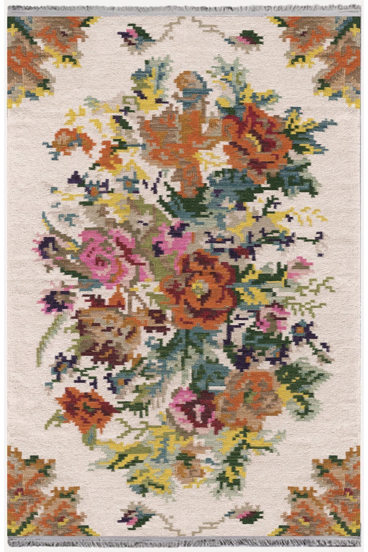 Halı Vagonu Serisi Multy Tonlarında Eskitme Çiçek Desen Kaymaz Taban Şönil Halı