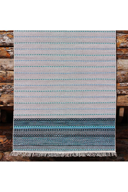 Cotton Kilim 52 Mavi Ve Gri Zeminli Geneleksel Motifler Modern Dekoratif Yıkanabilen Dokuma Kilim