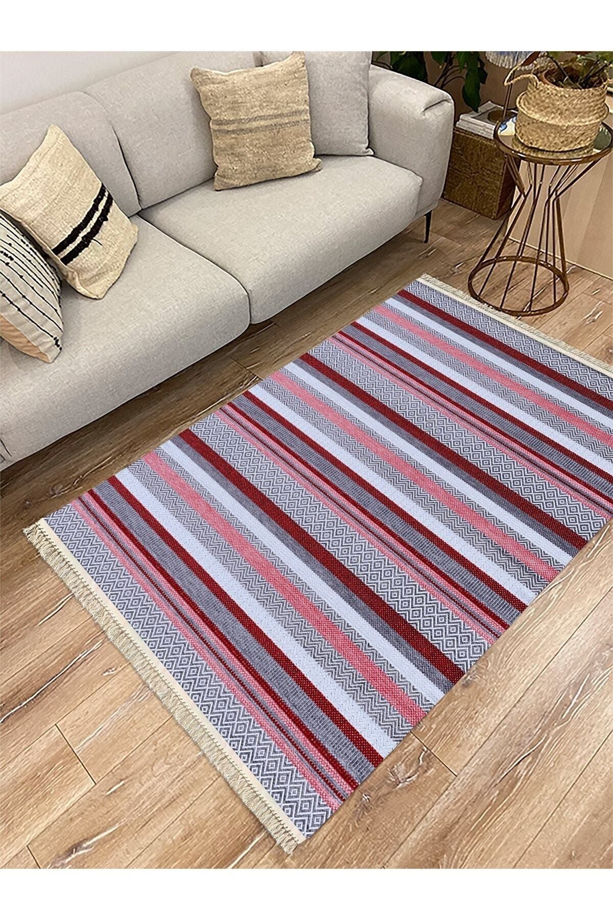 Cotton Serisi Hardal Tonlarında Geometrik Eskitme Desen Dekoratif Dokuma Taban Kilim