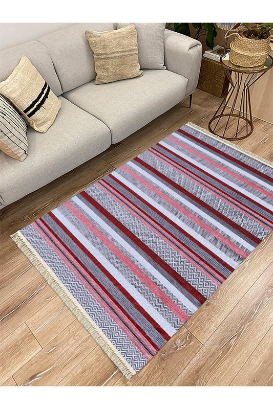 Cotton Serisi Hardal Tonlarında Geometrik Eskitme Desen Dekoratif Dokuma Taban Kilim