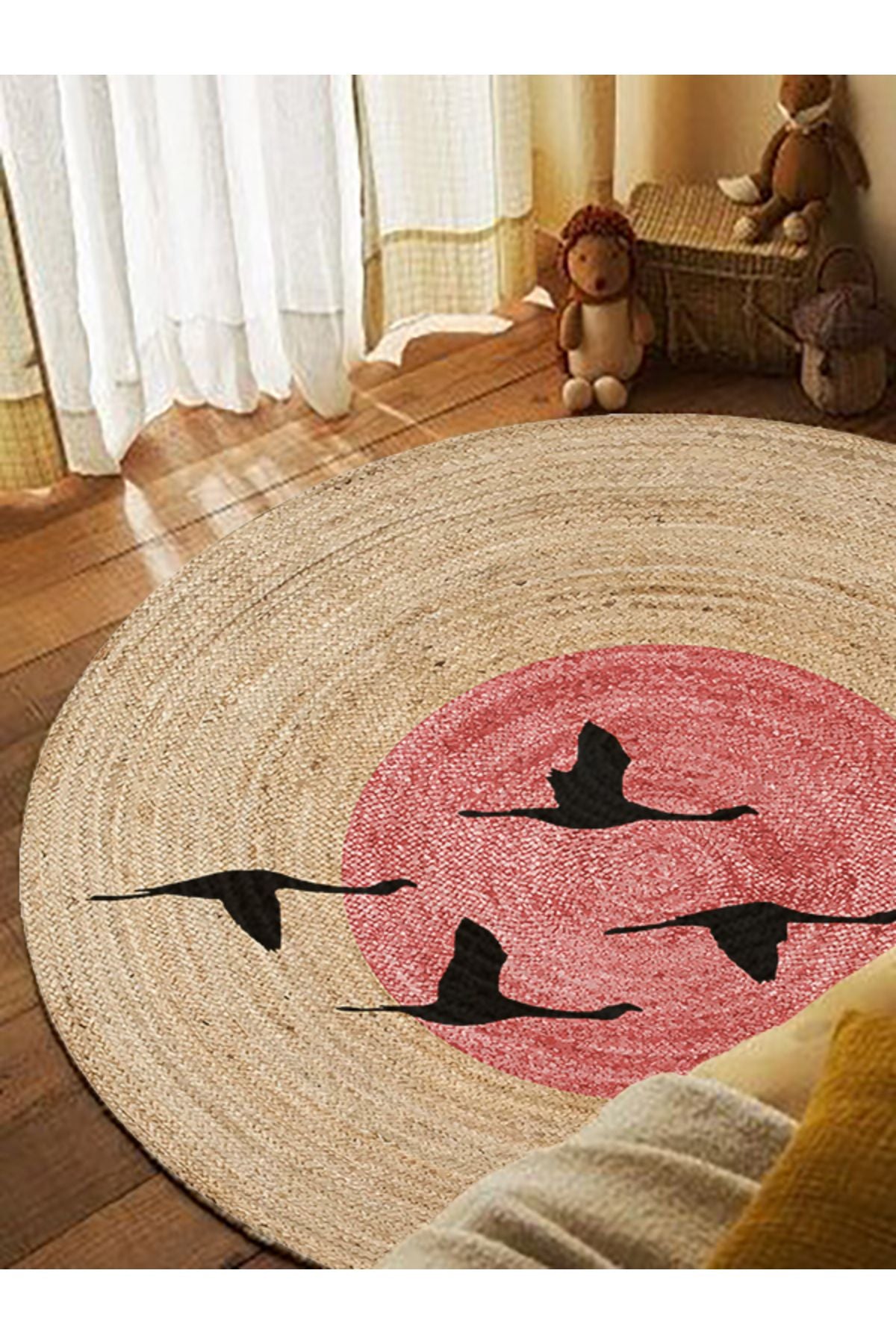 Boho 990 Gün batımı Leylek Botanik Desenli Örgü Yuvarlak Natural Çift Taraflı Halı