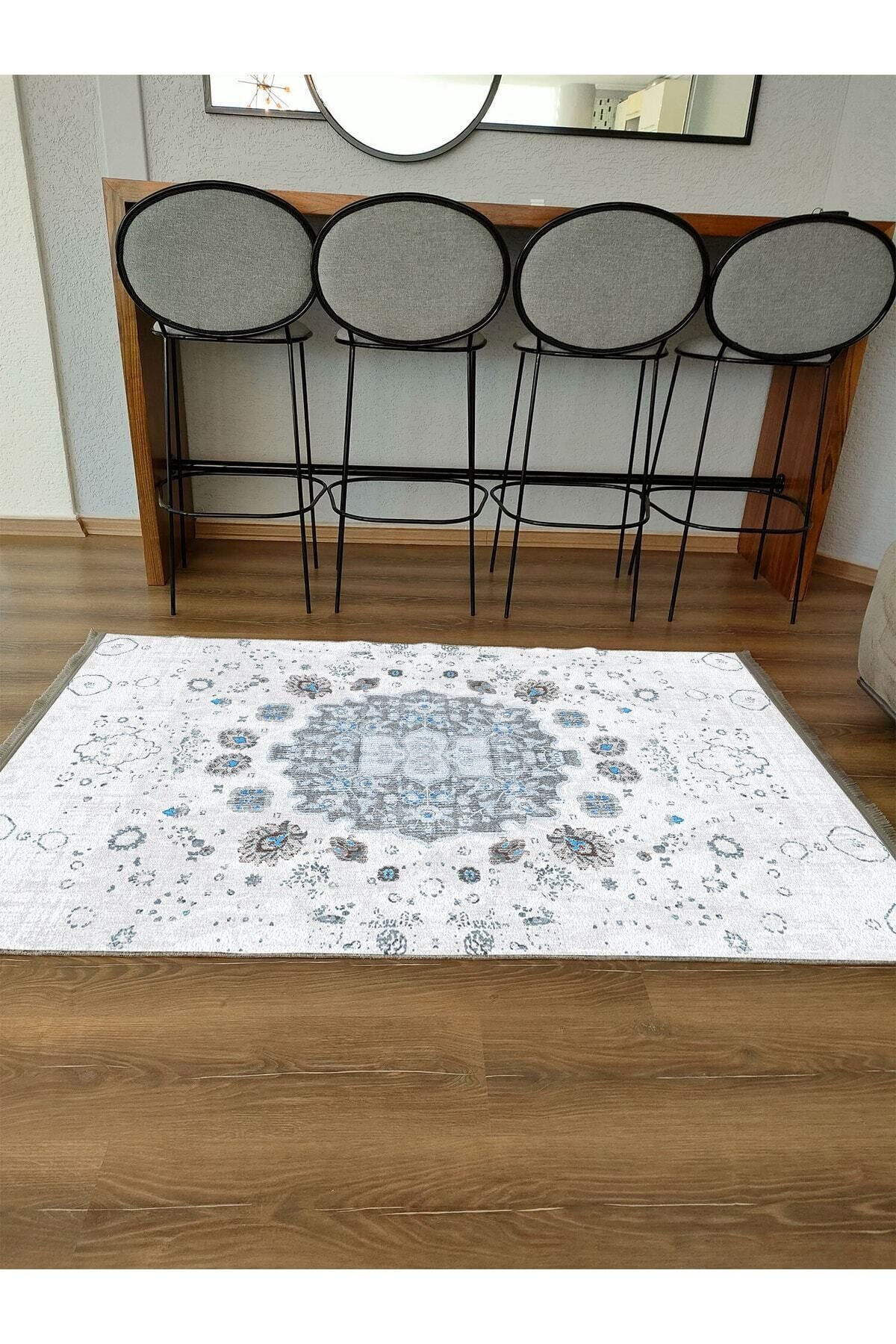 Halı Vagonu Serisi Gri Mavi Etnik Geometrik Desen Kaymaz Taban Şönil Halı