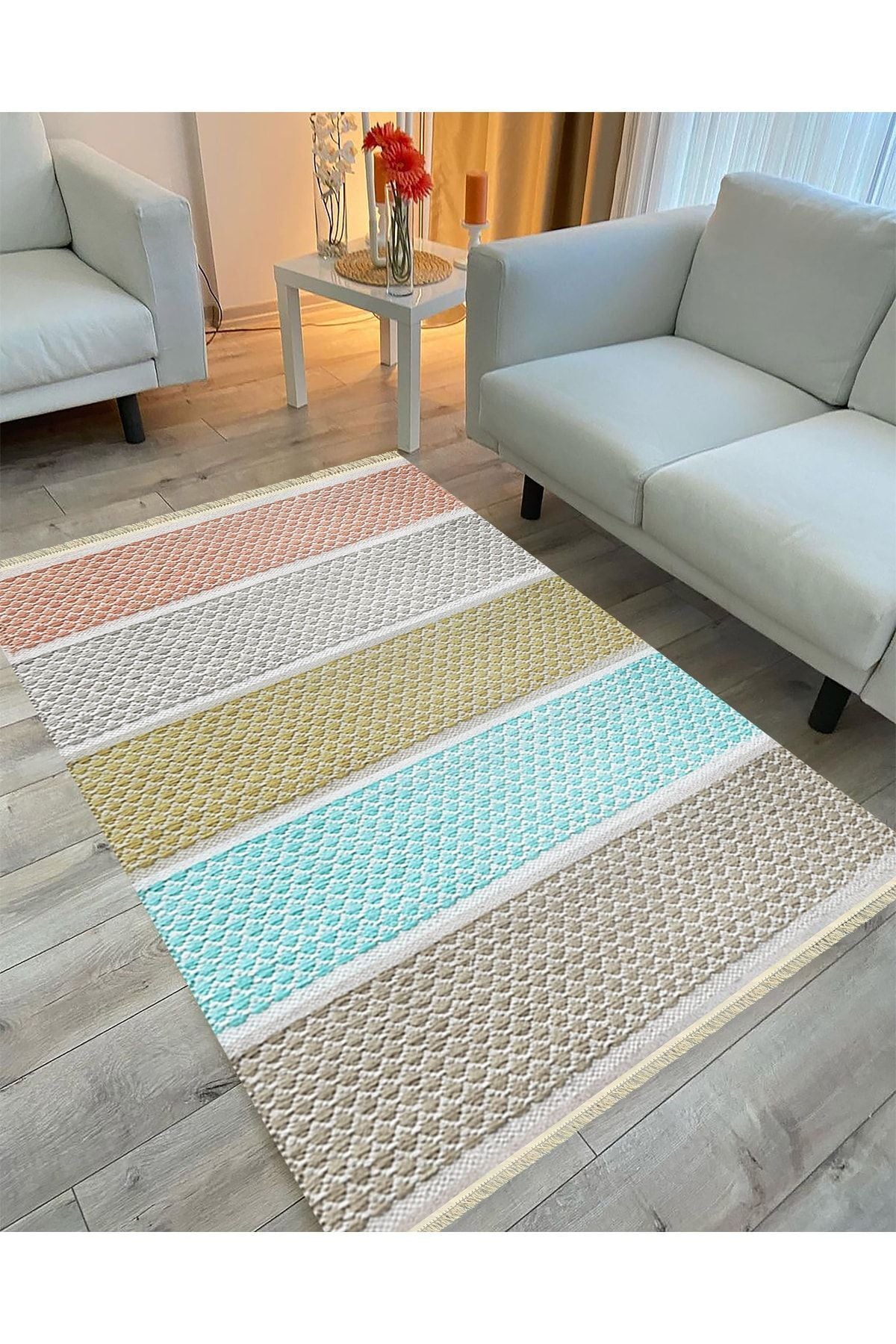 Cotton Serisi Multy Tonlarında Kabartma Eskitme Desenli Dekoratif Dokuma Taban Kilim