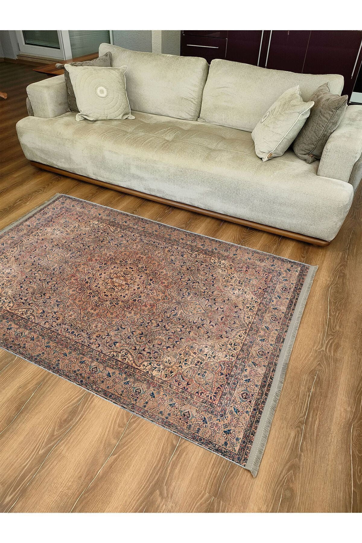 Halı Vagonu 2084 Kahve Tonlarında Eskitme Antika Otantik Desen Kaymaz Dekoratif Halı