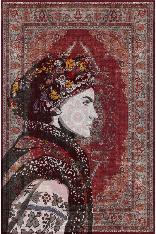 HV 122 Etnik Anadolu Halı Üzerine Kadın Suratı Dekoratif Salon Halısı Saçaklı Yıkanabilen Halı