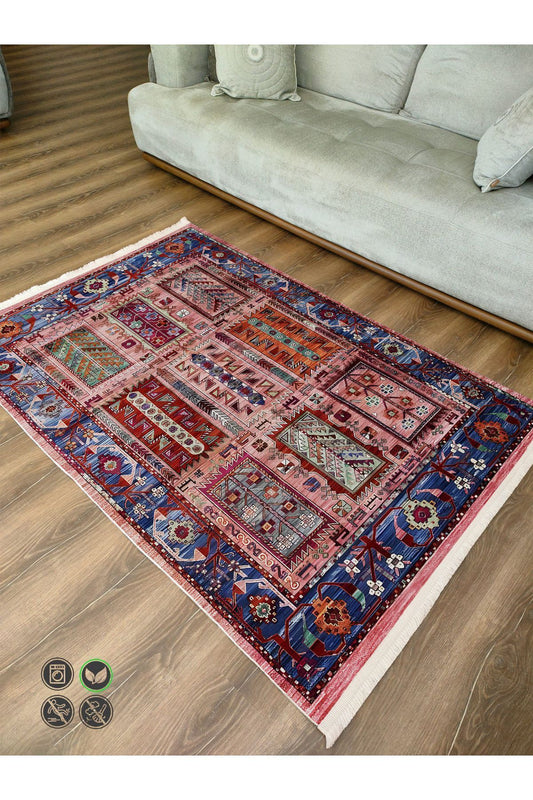 Renkli Klasik Desenli Yıkanabilir Kaymaz Salon Halısı, Koridor ve Mutfak Halısı Kilim 66