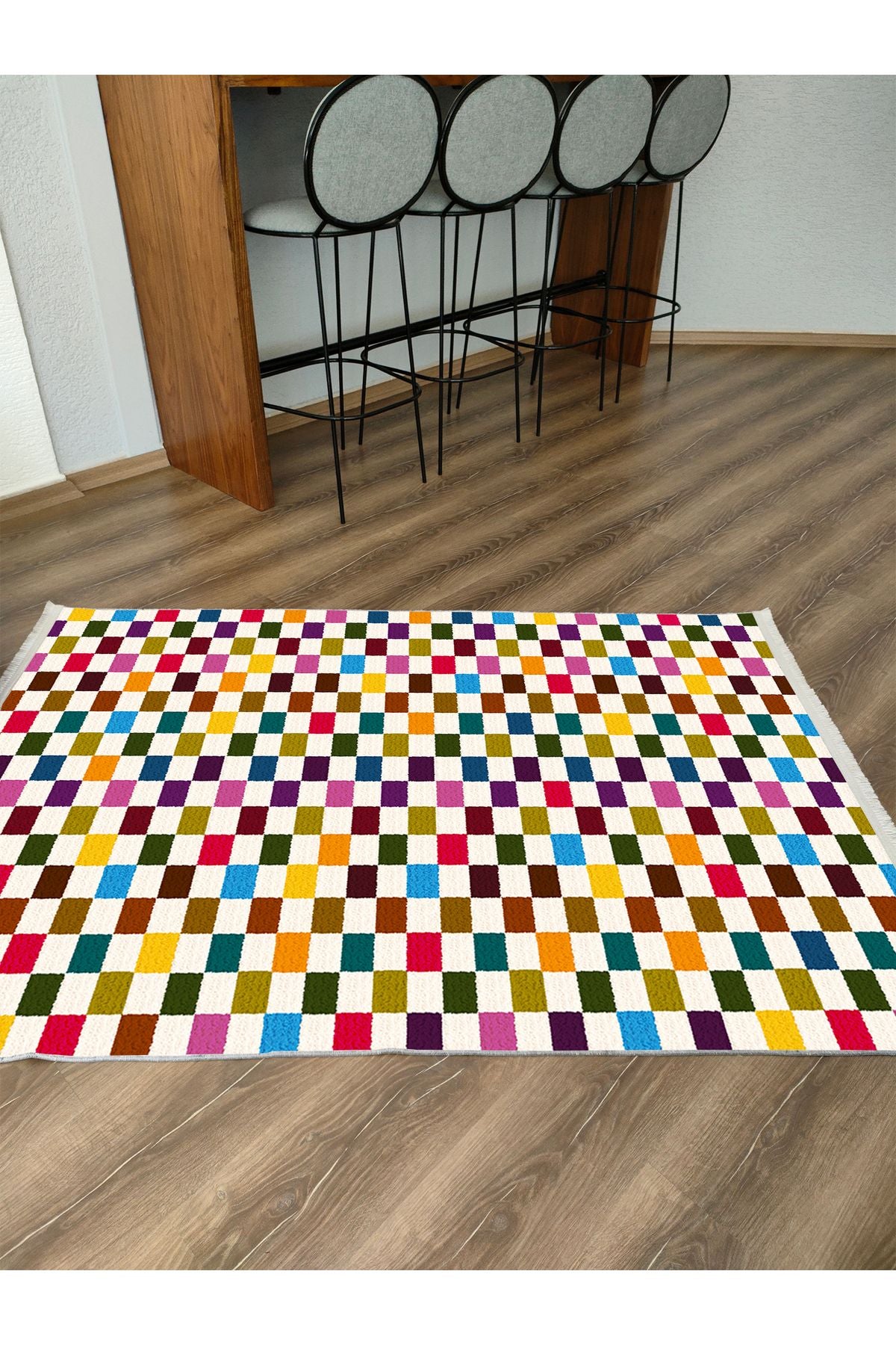 Halı Vagonu Modern Kareli Desenli Renkli Pamuk  Dokuma Taban Halı E47