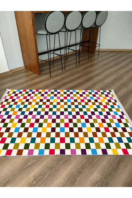 Halı Vagonu Modern Kareli Desenli Renkli Pamuk  Dokuma Taban Halı E47
