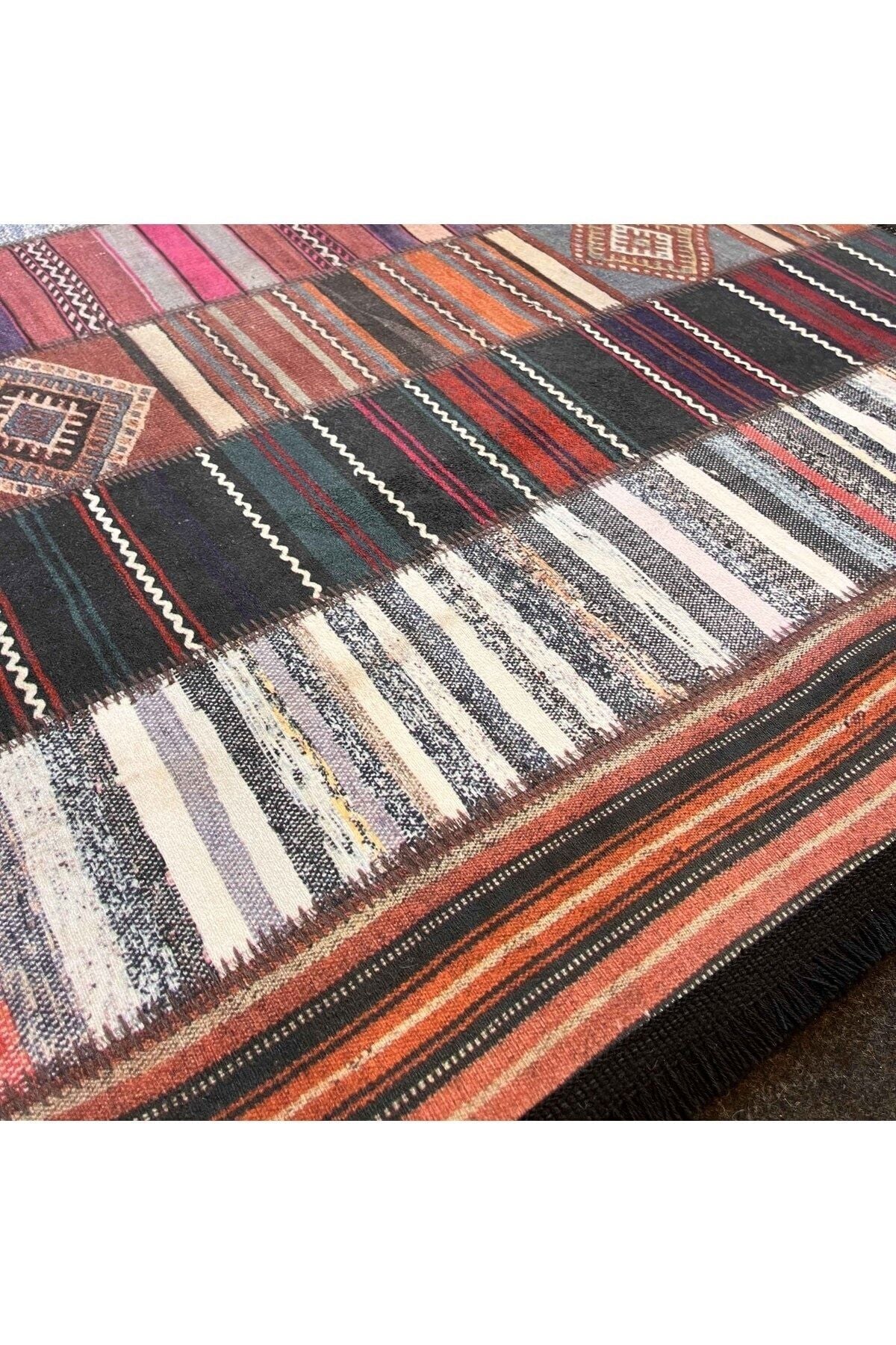 Yumuşak Dokulu Bambu Soft Kilim Patchwork Saçaklı Dijital Baskı HV-SK-K2