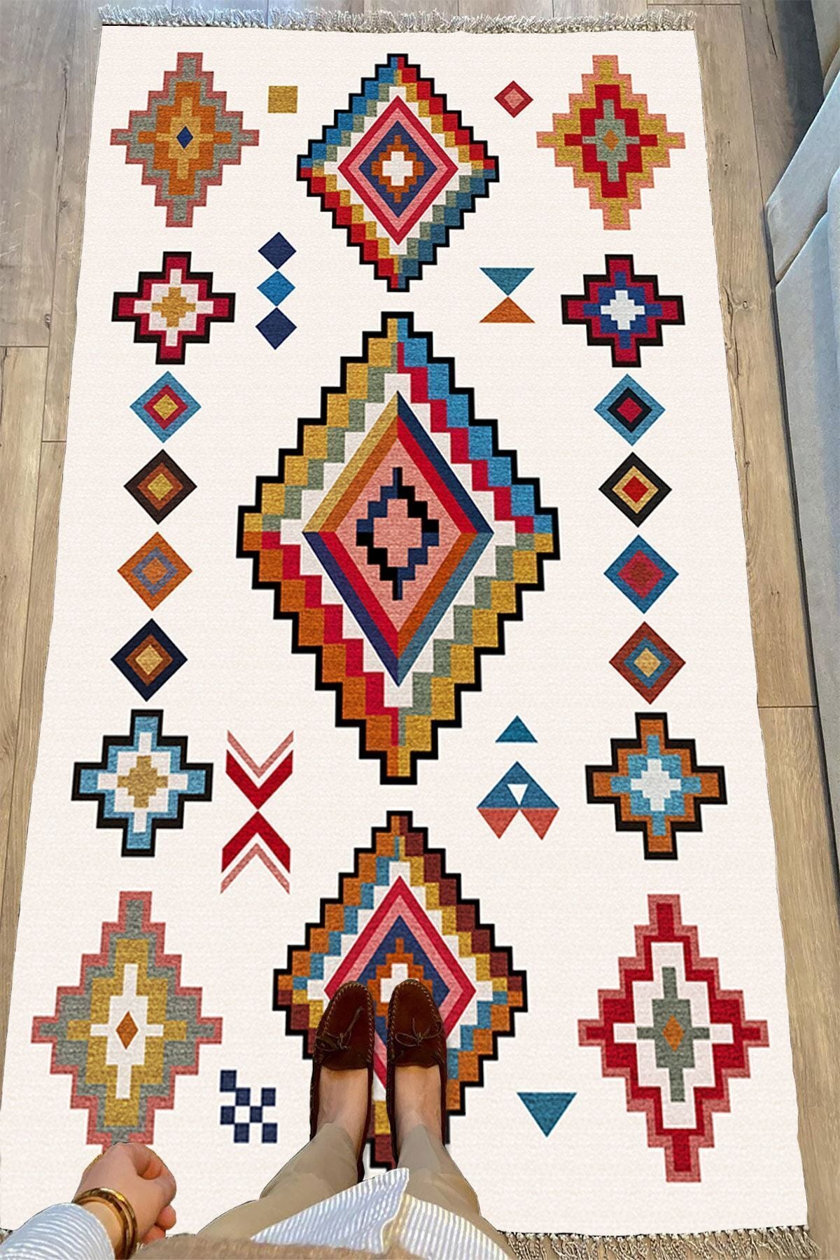 Cotton Serisi Multy Tonlarında Iskandinav Eskitme Desenli Dekoratif Dokuma Taban Kilim