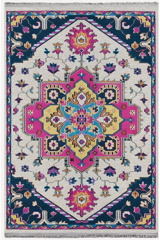 Halı Vagonu 89 Etnik Desenli Yıkanabilir Kaymaz Tabanlı Salon Halısı, Koridor Ve Mutfak Halısı