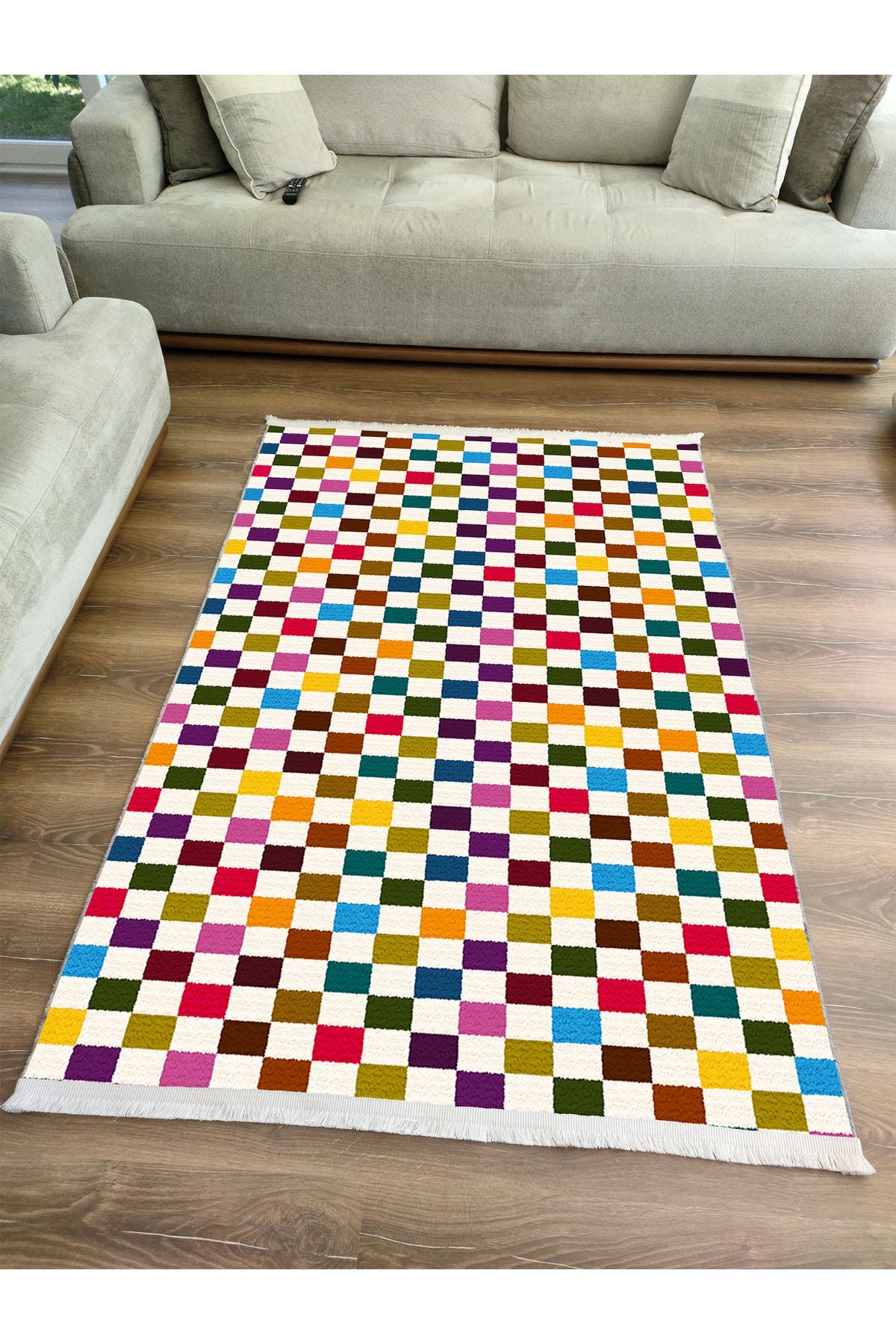 Halı Vagonu Modern Kareli Desenli Renkli Pamuk  Dokuma Taban Halı E47