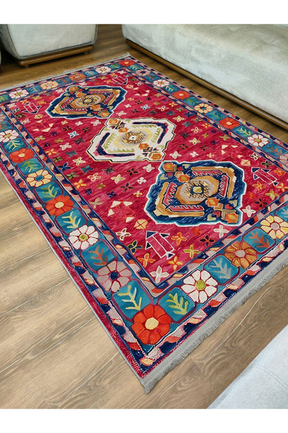 Halı Vagonu111 Etnik Anadolu Halısı Dekoratif Salon Halısı Saçaklı Yıkanabilen Halı