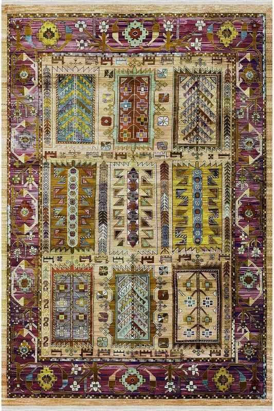 Halı Vagonu 67 Yeşil Tonunda Dekoratif Salon Halısı Saçaklı Yıkanabilen Dekoratif Halı