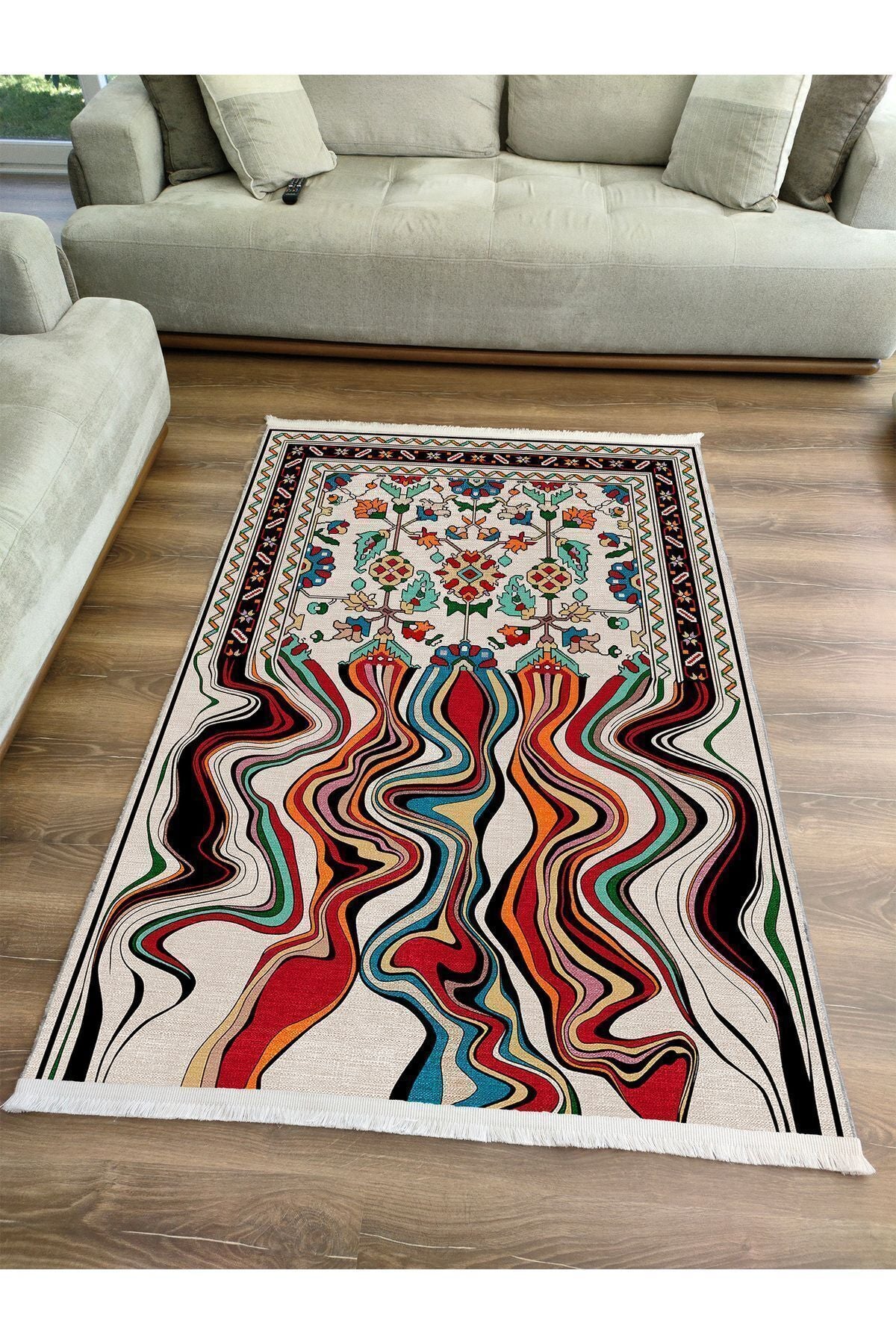 HV  17 Renkli Desenli Çizgili Yıkanabilir Kaymaz Tabanlı Salon Halısı, Koridor Ve Mutfak Halısı