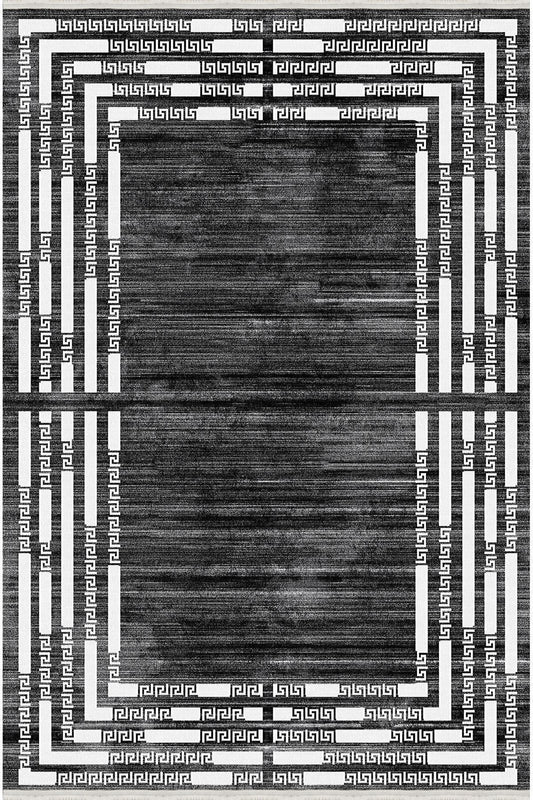 Halı Vagonu Serisi Koyu Gri Ve Krem Tonlarında Çizgili Etnik Desen Kaymaz Taban Şönil Halı