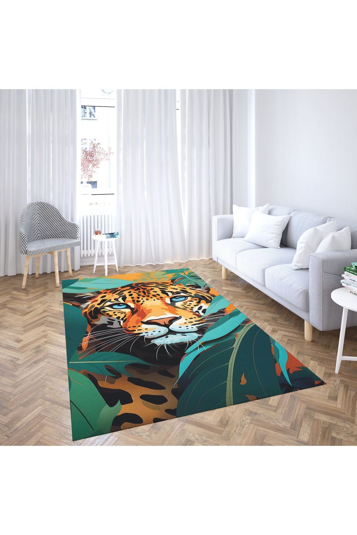 Kaplan Temalı Botanik pastel Tonlarında Dokuma Taban Salon Halısı Çocuk Halısı  Halı Vagonu 250