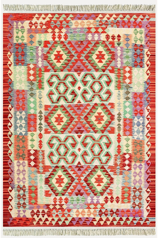 Cotton Kilim 57 Turuncu Geleneksel Motifler Modern Dekoratif Saçaklı Yıkanabilen Dokuma Kilim