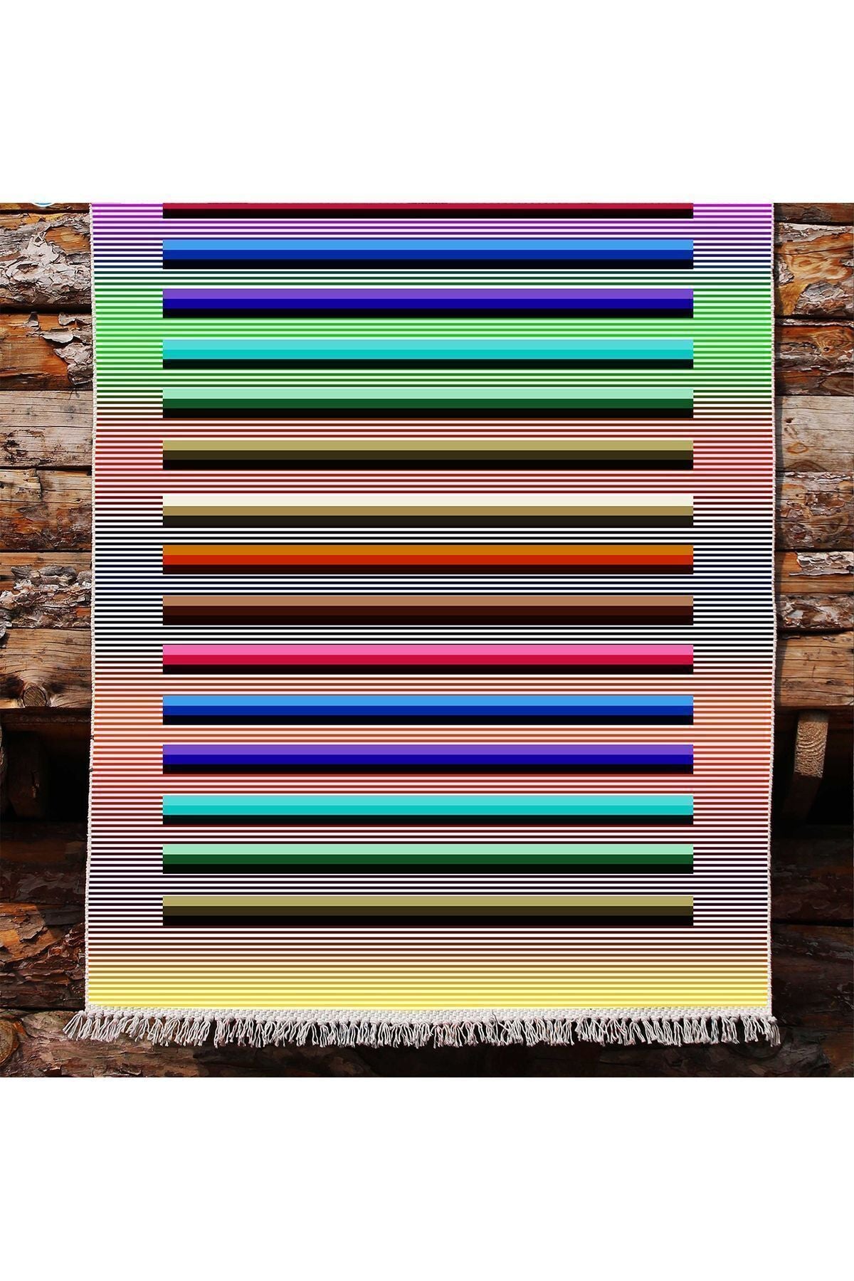 Cotton Kilim 55 Multy Geleneksel Motifler Modern Dekoratif Saçaklı Yıkanabilen Dokuma Kilim