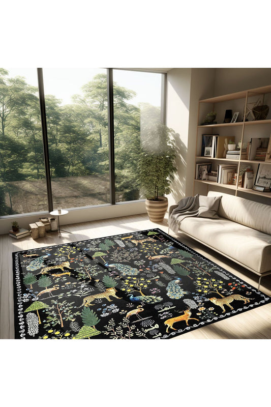 Floral HV  Haki Pastel Çok Renkli Botanik Tema Dokuma Taban Halı Salon Halısı Çocuk Halısı HV 253