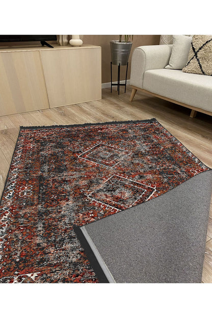 Mars 2157 Bordo Tonlarında Klasik Eskitme Desen Saçaklı Dekoratif Halı