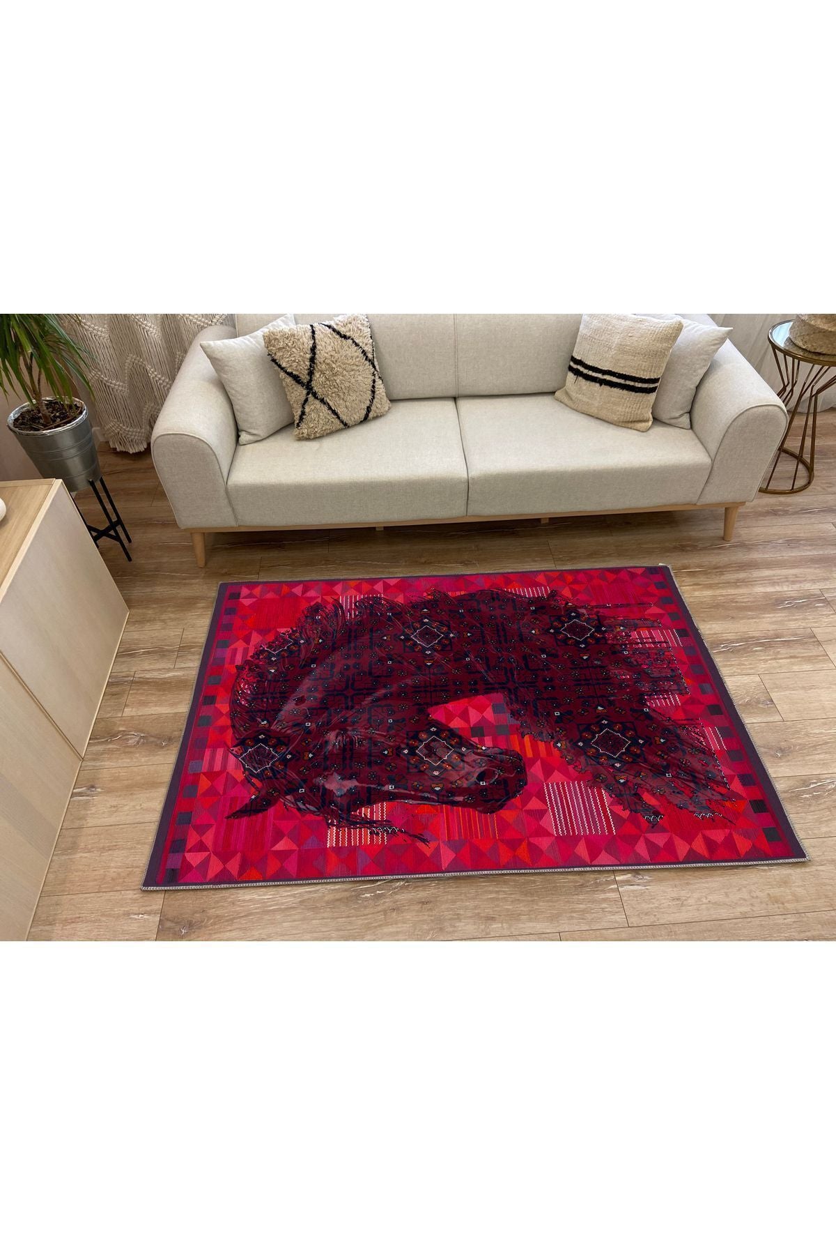 Halı Vagonu124 Etnik Anadolu Halı Üzerine Desenlı At Dekoratif Salon Halısı Saçaklı Yıkanabilen Halı