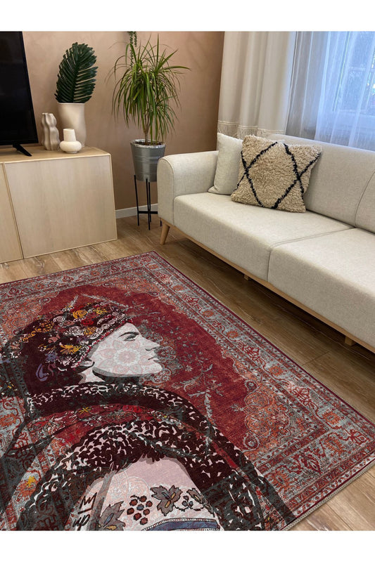 HV 122 Etnik Anadolu Halı Üzerine Kadın Suratı Dekoratif Salon Halısı Saçaklı Yıkanabilen Halı