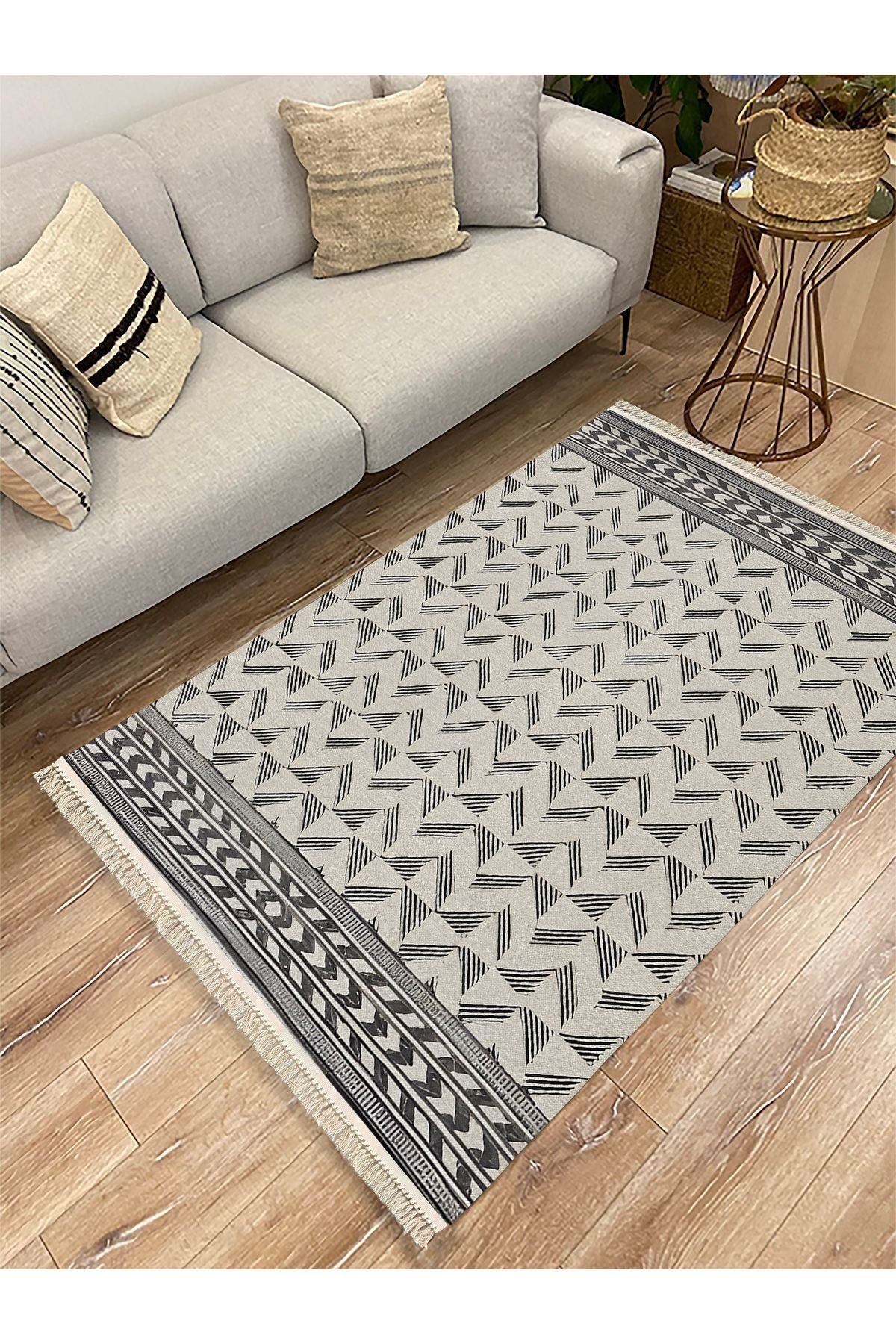 Cotton Kilim 14 Gri Zeminli Çizgili Desenli Dekoratif Yıkanabilen Dokuma Taban Kilim