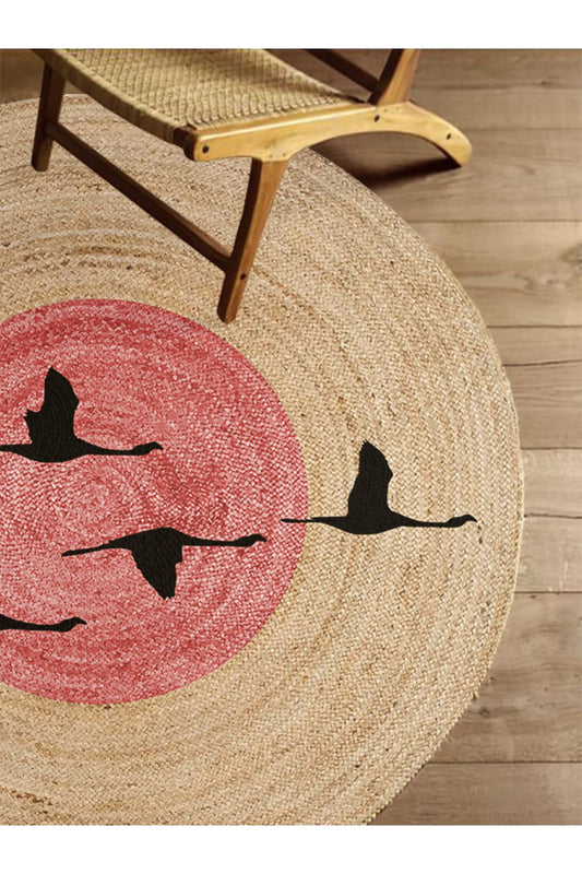 Boho 990 Gün batımı Leylek Botanik Desenli Örgü Yuvarlak Natural Çift Taraflı Halı